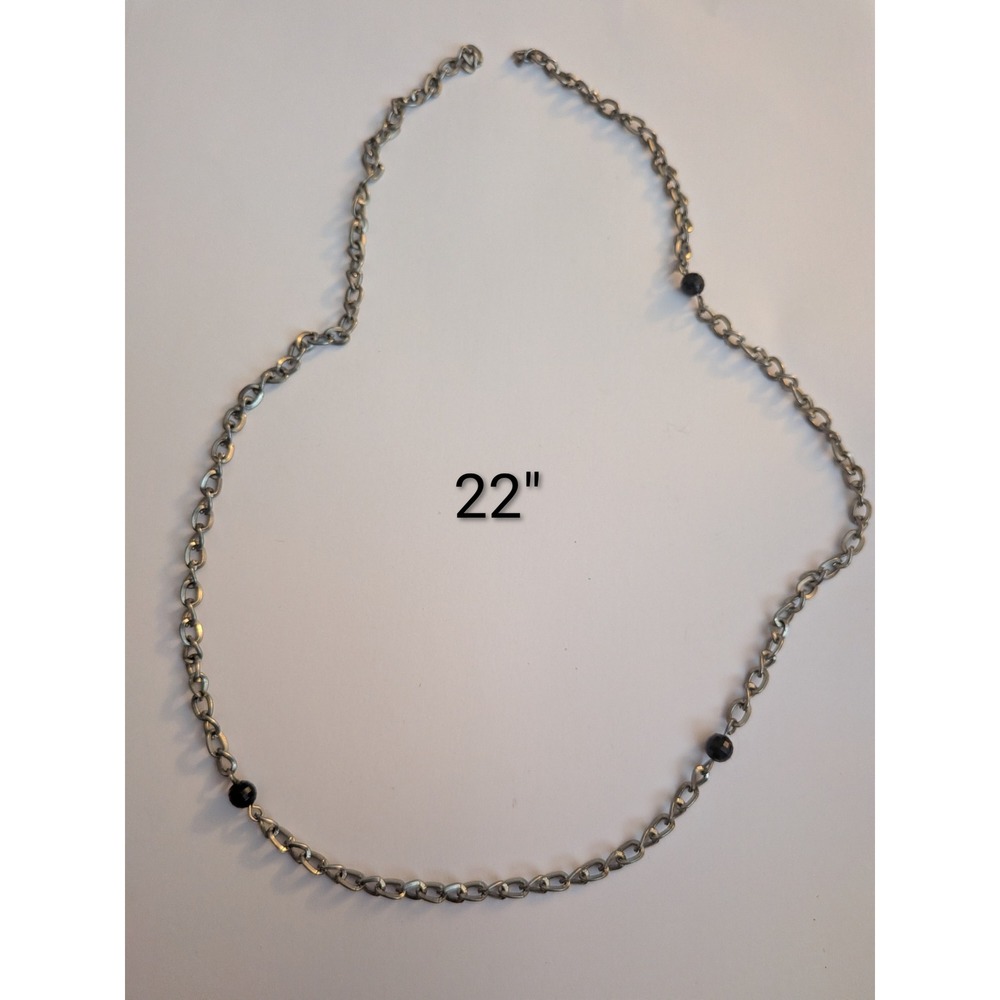 Silver Tone Cable Chain Necklace with Black Bead Accents 22 Inch Minimalist